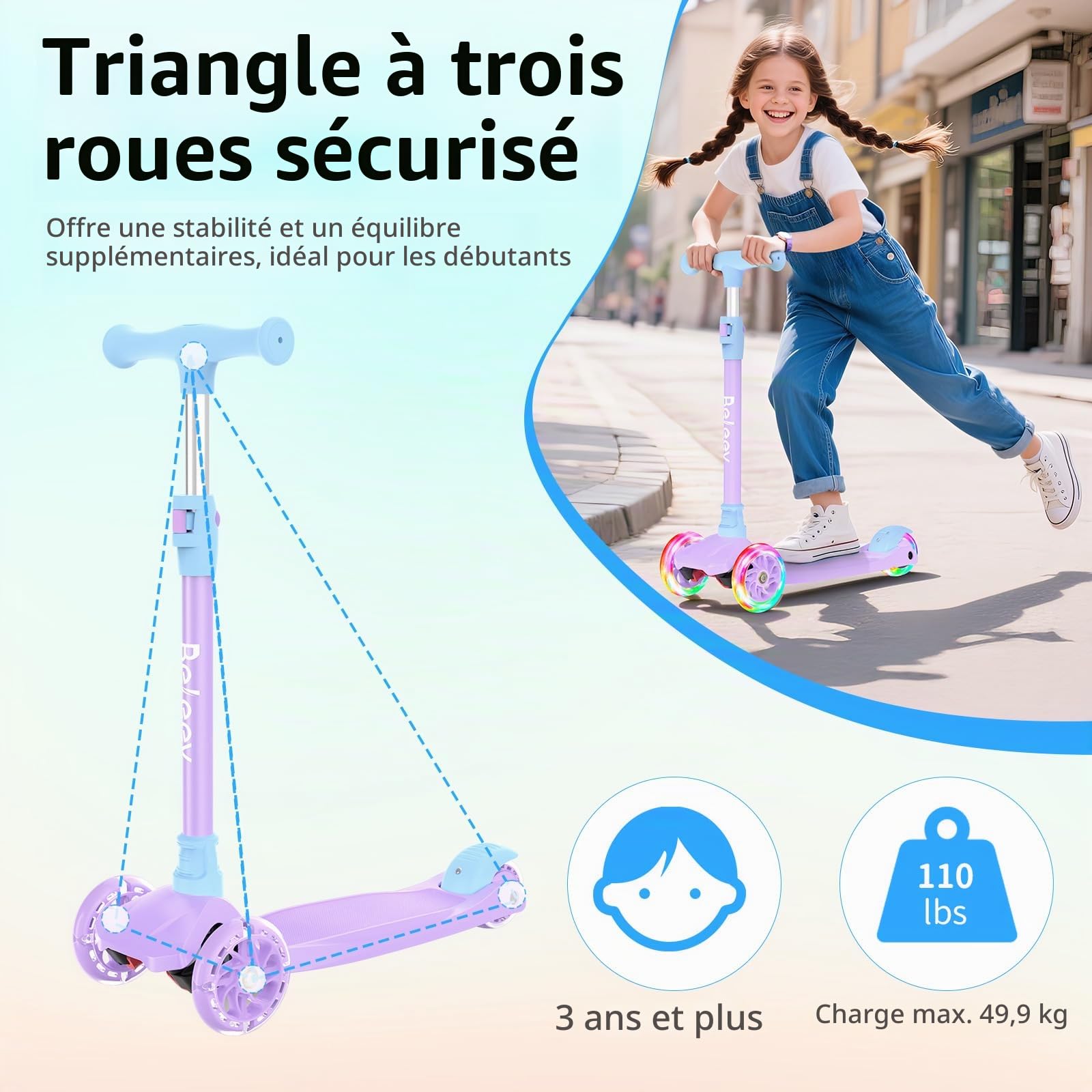 BELEEV A3 Trottinette Enfants 3 Ans, 4 Guidon Réglable en Hauteur | Roues Lumineuses en PU, Scooter à 3 Roues Deck Extra-Large et Antidérapant Trotinette pour Enfant de 3-12 Ans Fille Garçon