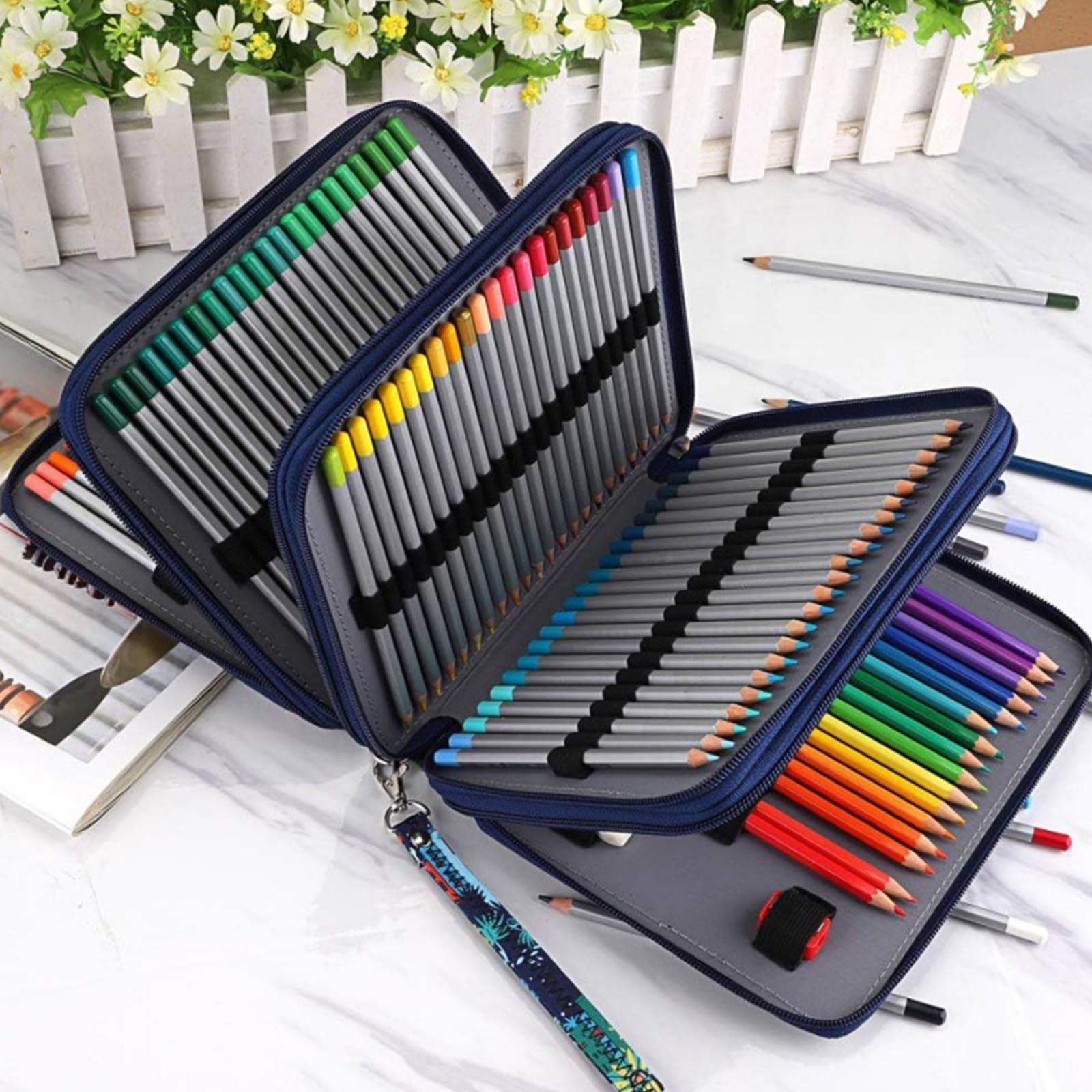 Astucci per penne multifunzionali Astuccio per matite colorate da 168 slot con manico Astuccio da viaggio Custodia per organizer con cinturino