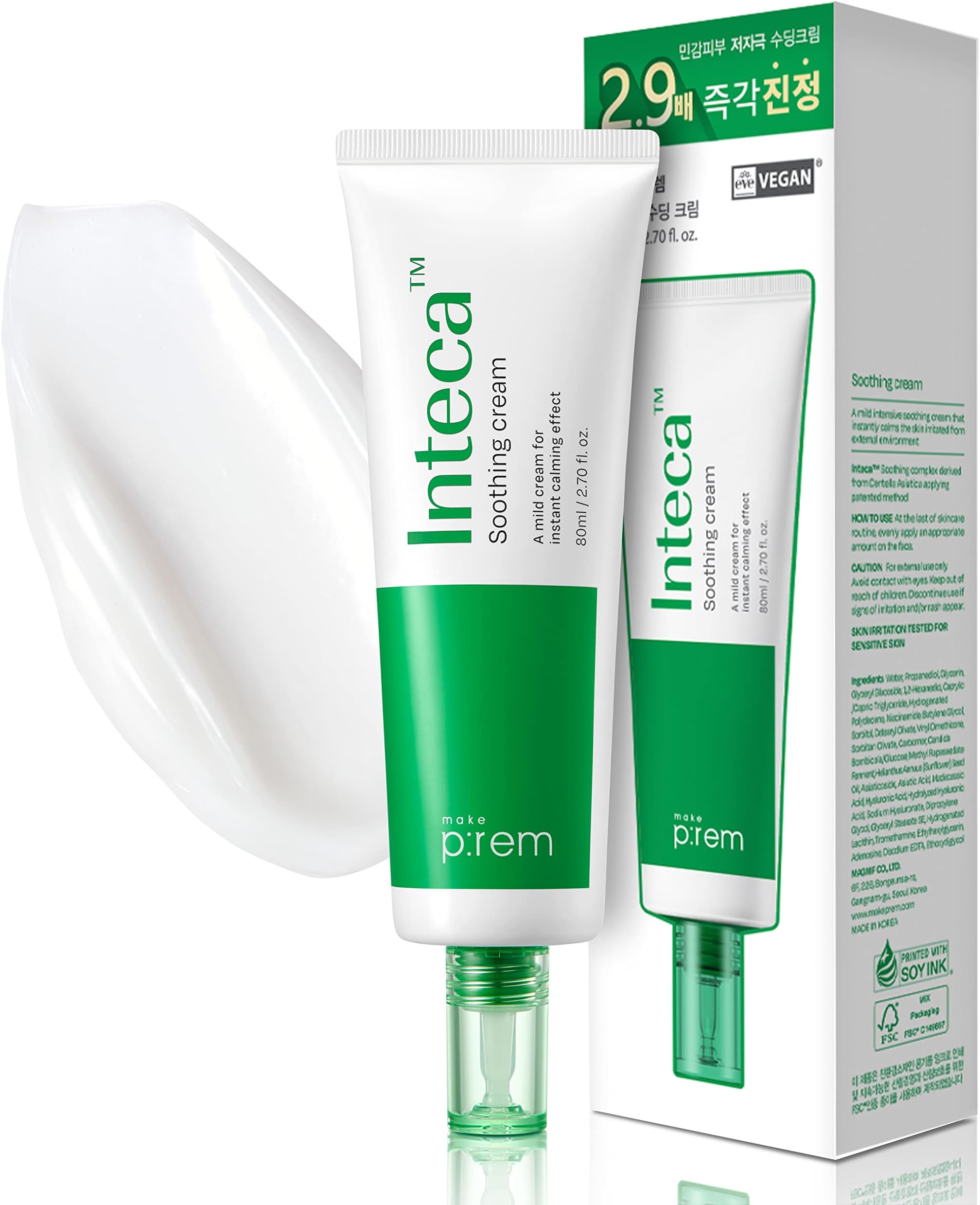 MAKEPREM INTECA Intensive Soothing CICA Cream VEGAN 2.7 Oz Nano-Sized Centella Asiatica Quick Absorption 2.9x Strong Instant Calming Effect Acne-Prone Irritated Sensitive Damaged Skin Korean Skincare