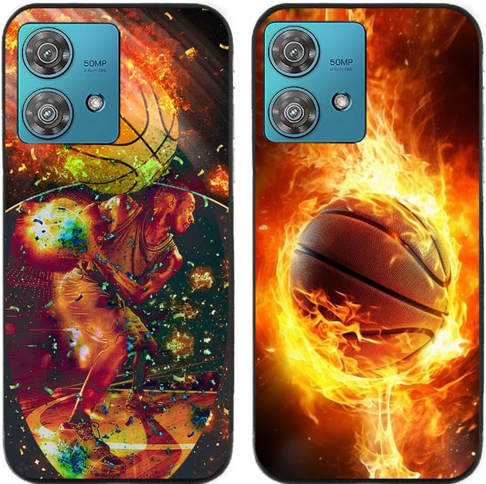 2 peças de capa traseira fina de gel de silicone TPU degradável com estampa de jogador de basquete em chamas para smartphone (para Motorola Edge 40 Neo)
