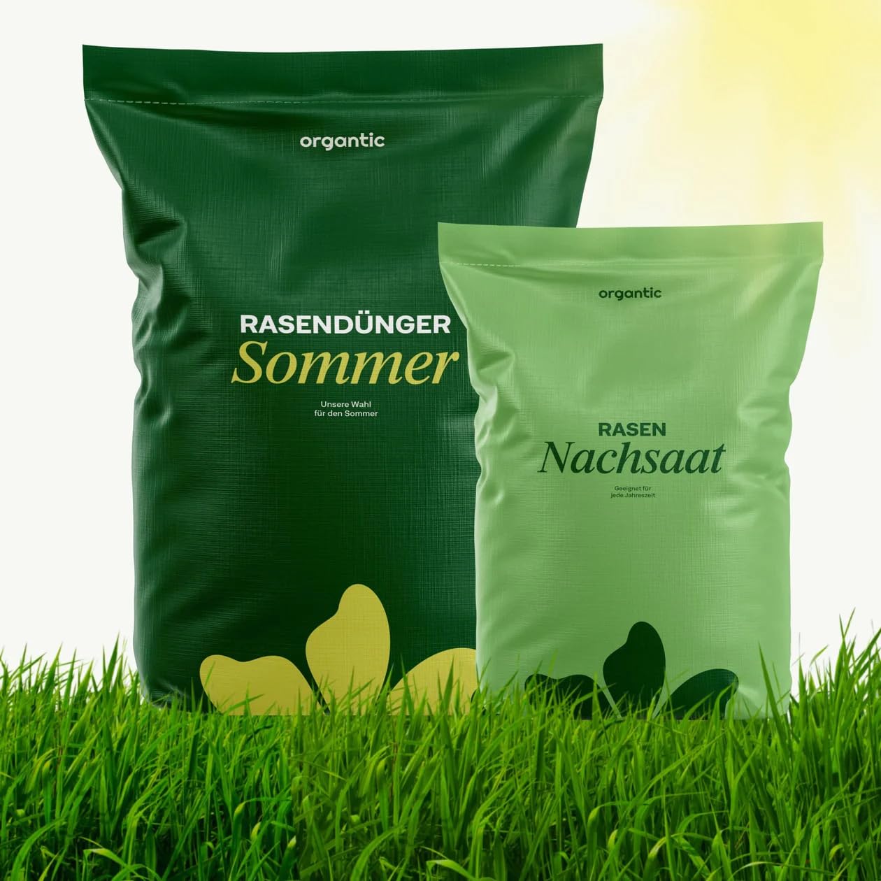 Organtic Sommer-Rasenpflege Bundle: 5kg Sommerrasendünger + 1kg Rasen-Nachsaat – für bis zu 250m² – ideal bei Sommerstress, schnelle Lückenreparatur, reduzierten Moos & sorgt für sattgrünen, dichten R