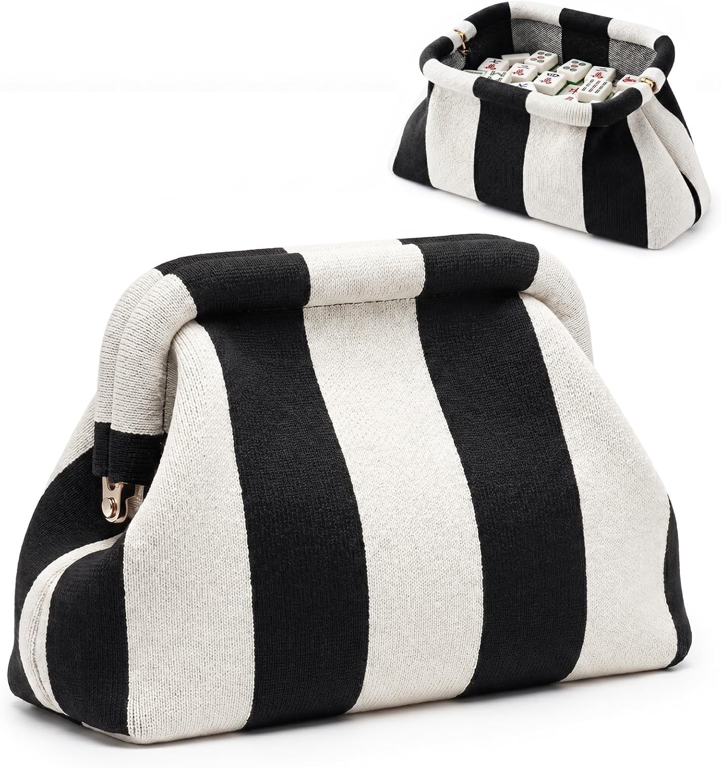 Mahjong Tile Bag Woven Clutch Purse, Striped Dumpling Bag for Women, Snap Closure Beach Vacation Handbag