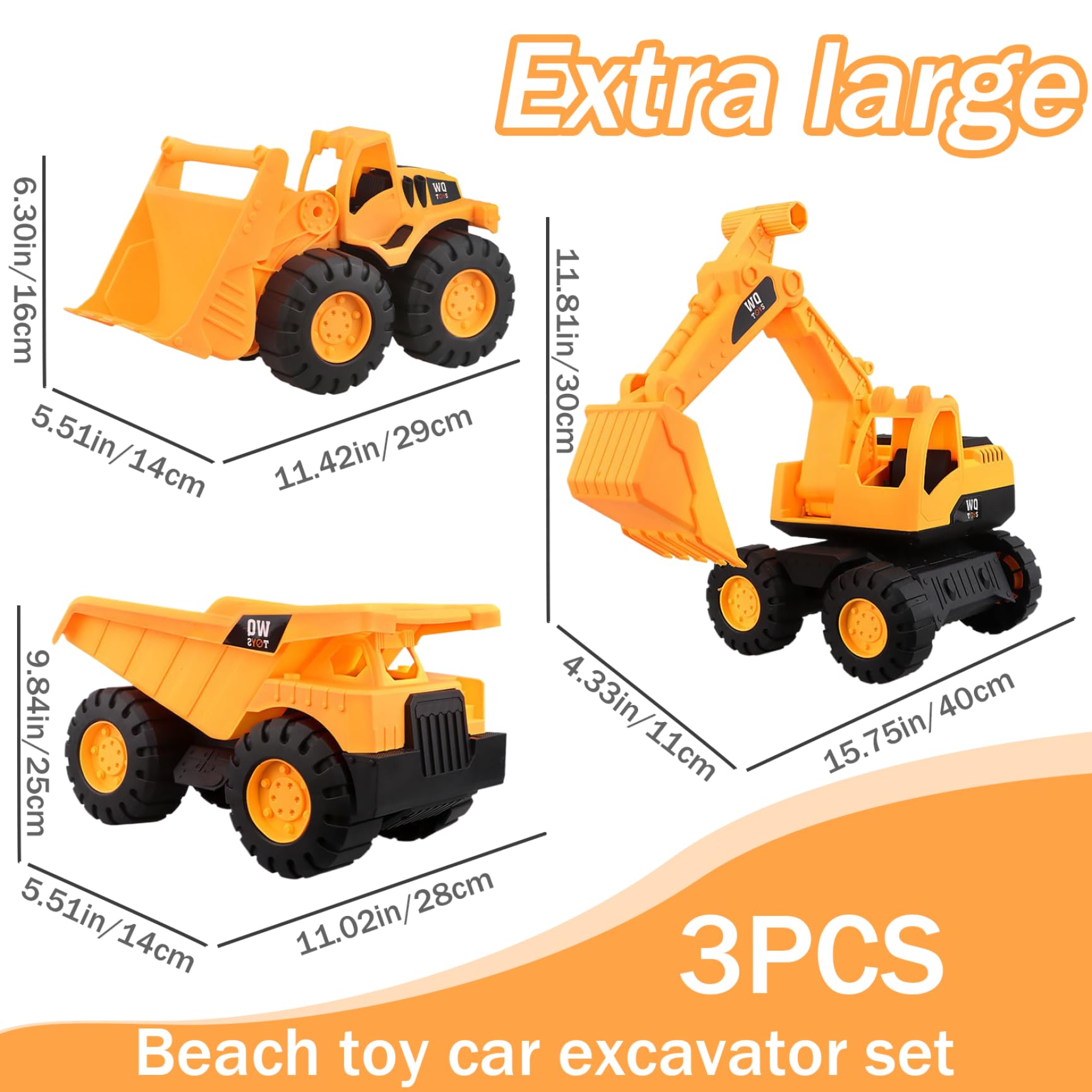 Lot de 3 Voitures Jouets Robustes à Bords Lisses pour Sable de Plage avec pièces Mobiles - Voitures Construction Orange à inertie Comprenant Une Pelle, Un Bulldozer et Un Camion (Grand)