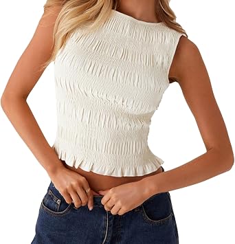 Women Y2K Shirred Tank Top Sleeveless Crewneck Frill Smocked Ruffle Crop Top Ruched Pelpum Going Out Tops
