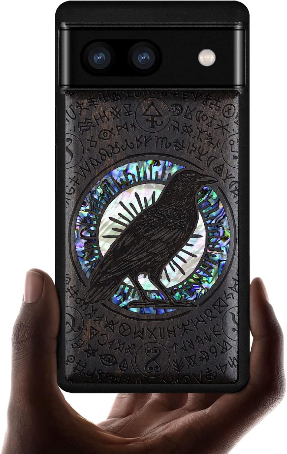 Carveit Designer Wooden Case for Google Pixel 6a Case Protective Cover [Real Wood Engraving & Shell Inlay] Wood Phone Case Compatible with Pixel 6a Case (Witchcraft Raven-Blackwood)