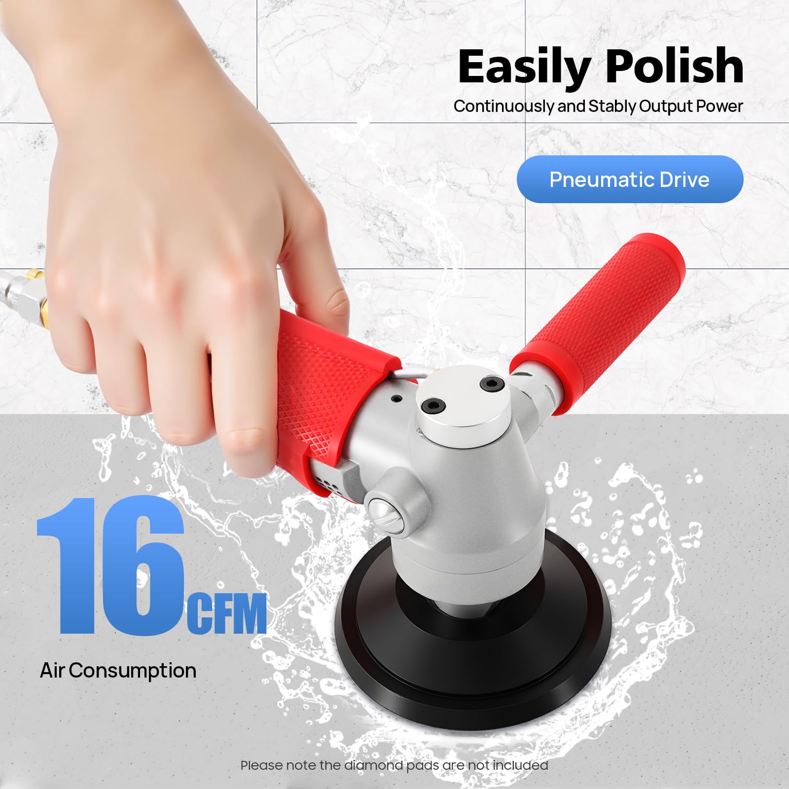 Profesjonalna pneumatyczna polerka do kamienia, 16CFM 0,62 MPa, polerki na mokro z rurą wodną 2,3 m, przenośna polerka do kamienia zasilana powietrzem do polerowania marmuru, granitu, kamienia i