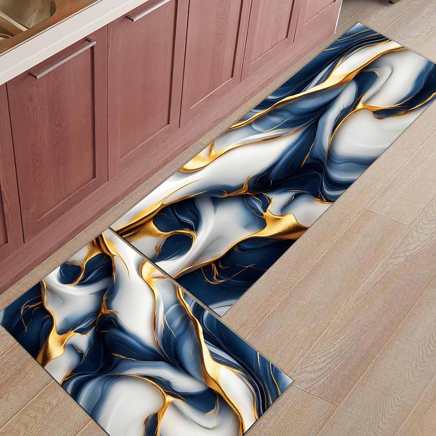 2 Pieces Kitchen Rugs and Mats,Abstract Gold Blue Artwork Area Runner Rug Set Non Slip Floor Doormat Washable Carpet Standing Mat for Kitchen Sink Indoor Corridor,Modern Marble Texture Fluid Art