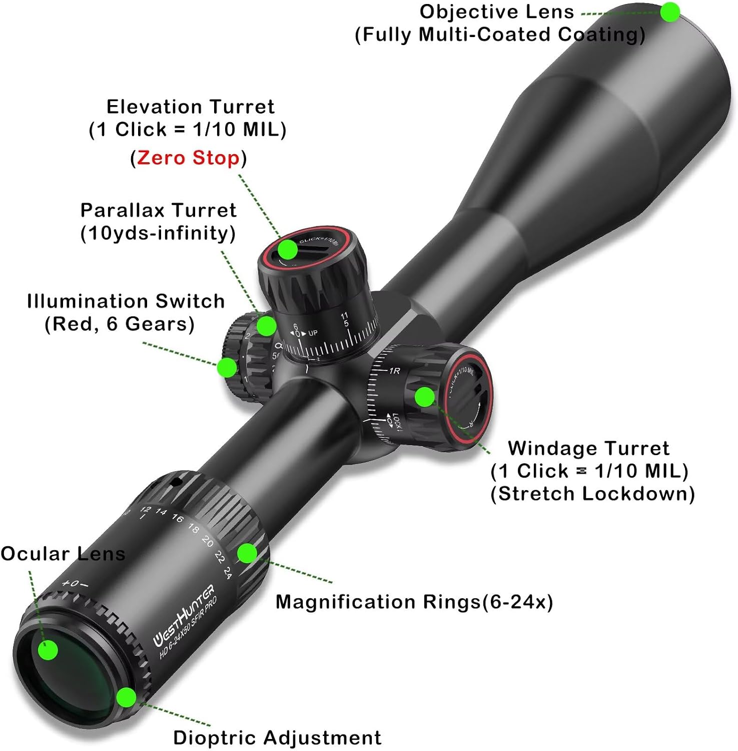 WestHunter Optics HD SFIR PRO Series Zero Stop Riflescopes, 30 mm Tube Red Illuminated Second Focal Plane Tactical 1/10 MIL Shooting Scope