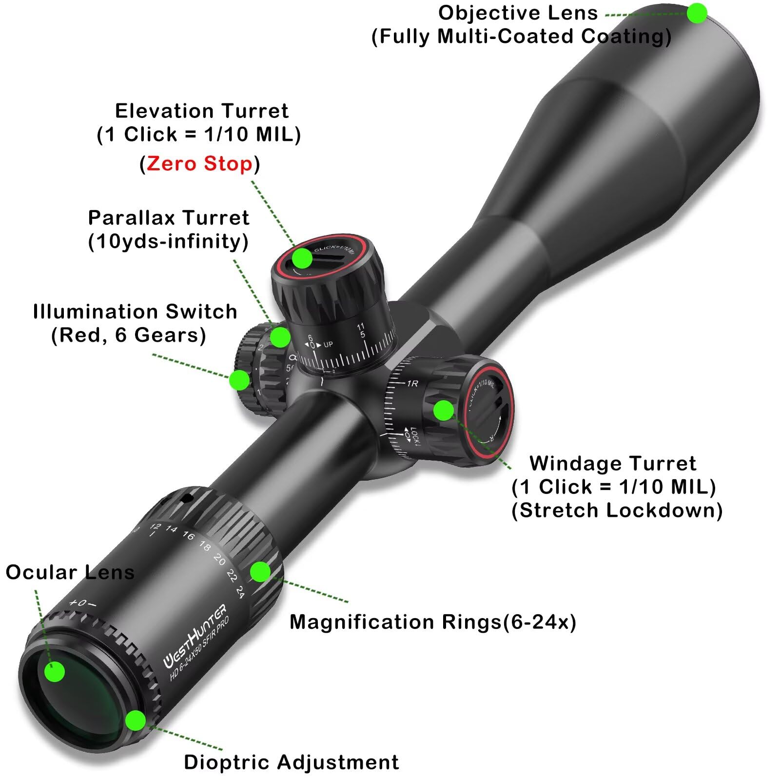 WestHunter HD SFIR Pro Mira Telescópica, Segundo Plano Focal (SFP), Tubo 30mm, Retícula Iluminada, 1/10 MIL, Zero Stop, 4-16x44/6-24x50 - Indicada Únicamente para Actividades Deportivas