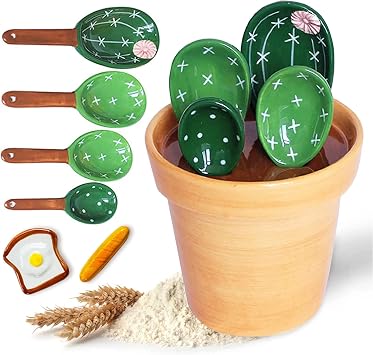 Cactus Measuring Spoons Set in Pot with Stand,Ceramic Cacti Measuring Spoons Set with Measuring Cup for Baking,Salt,Sugar Pure Green