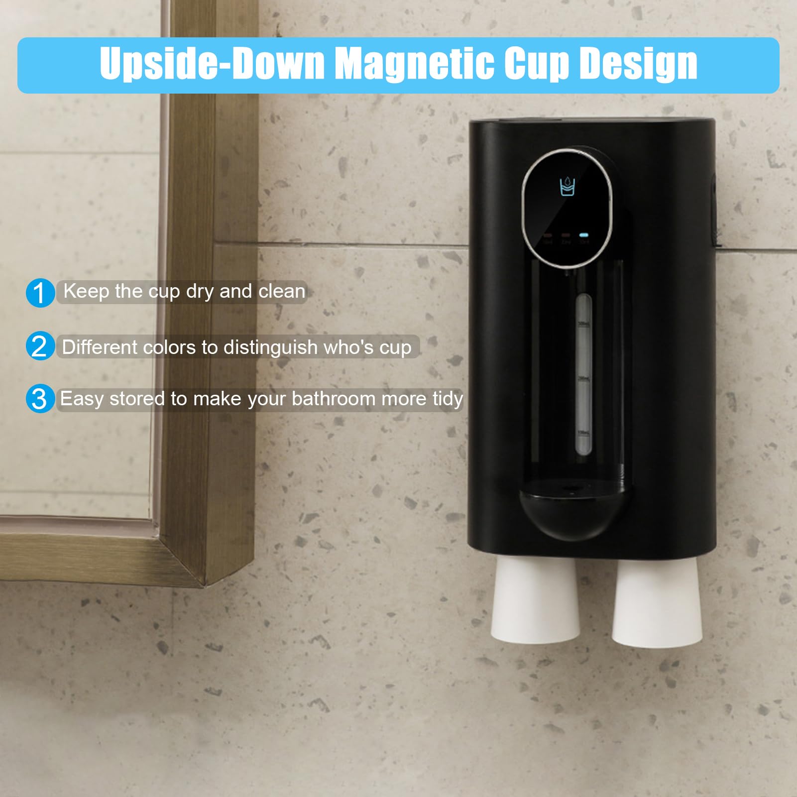 Meideli Dispensador automático de enjuague bucal para baño, dispensador de enjuague bucal montado en la pared, recipiente de enjuague bucal recargable con 2 tazas magnéticas reutilizables, volumen