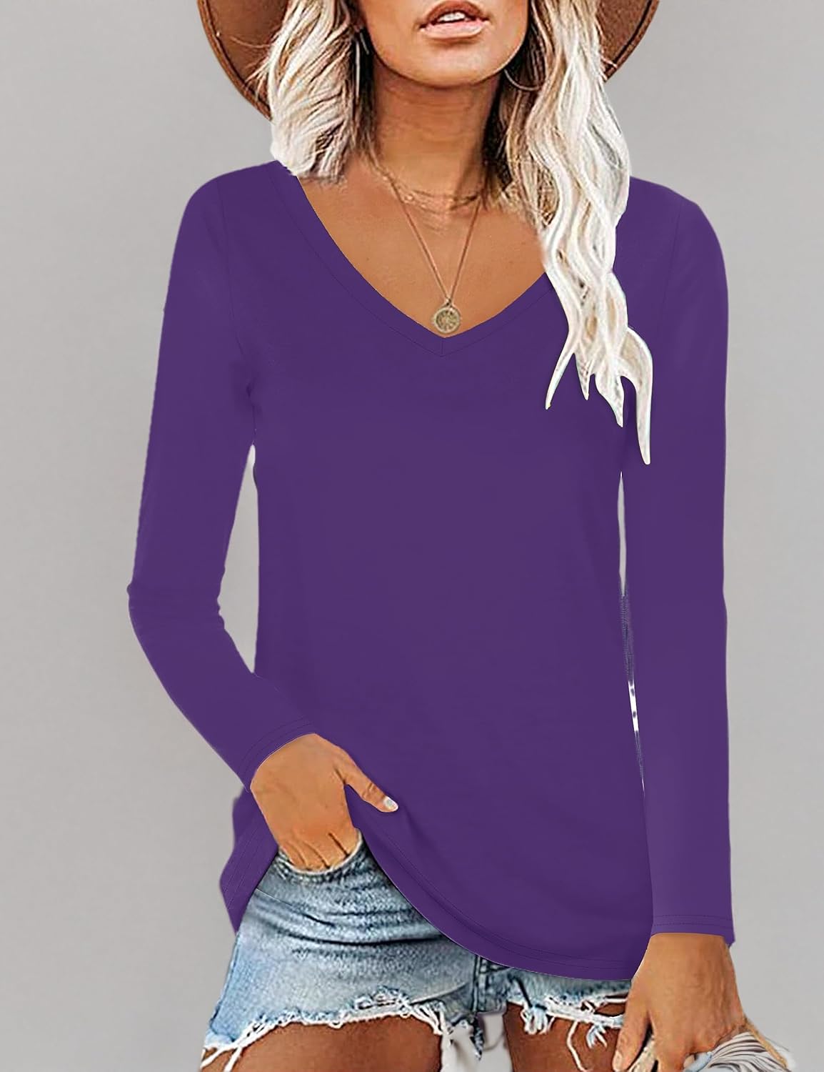 Elesomo Womens T Shirts V Neck Summer Short/Long Sleeve Cotton Tops Tees - Image 6