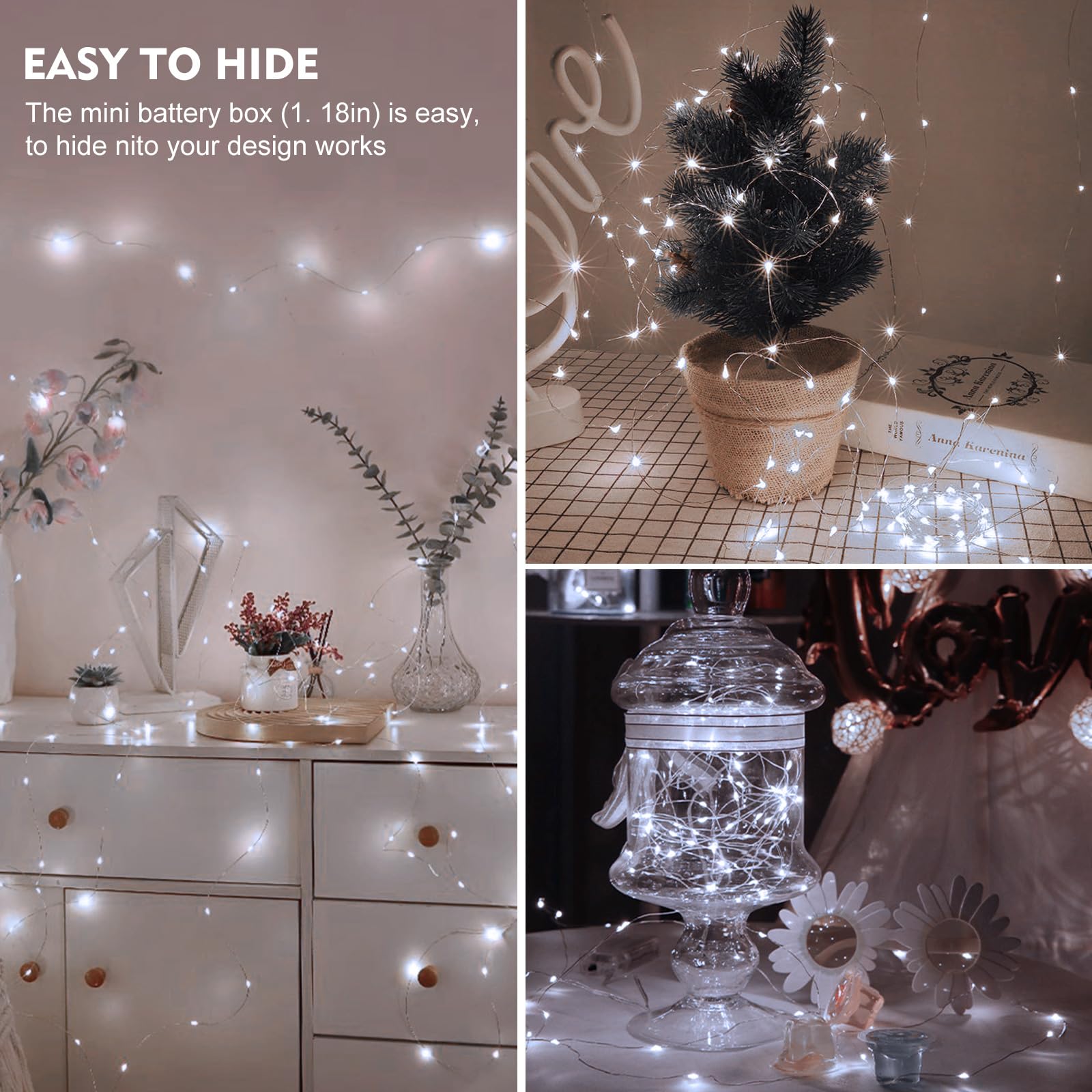 pozzolanas Paquete de 50 luces blancas de hadas que funcionan con pilas, 3 modos de 7 pies, 20 luces LED impermeables, alambre plateado centelleante para tarros de masón, boda, Navidad, Halloween