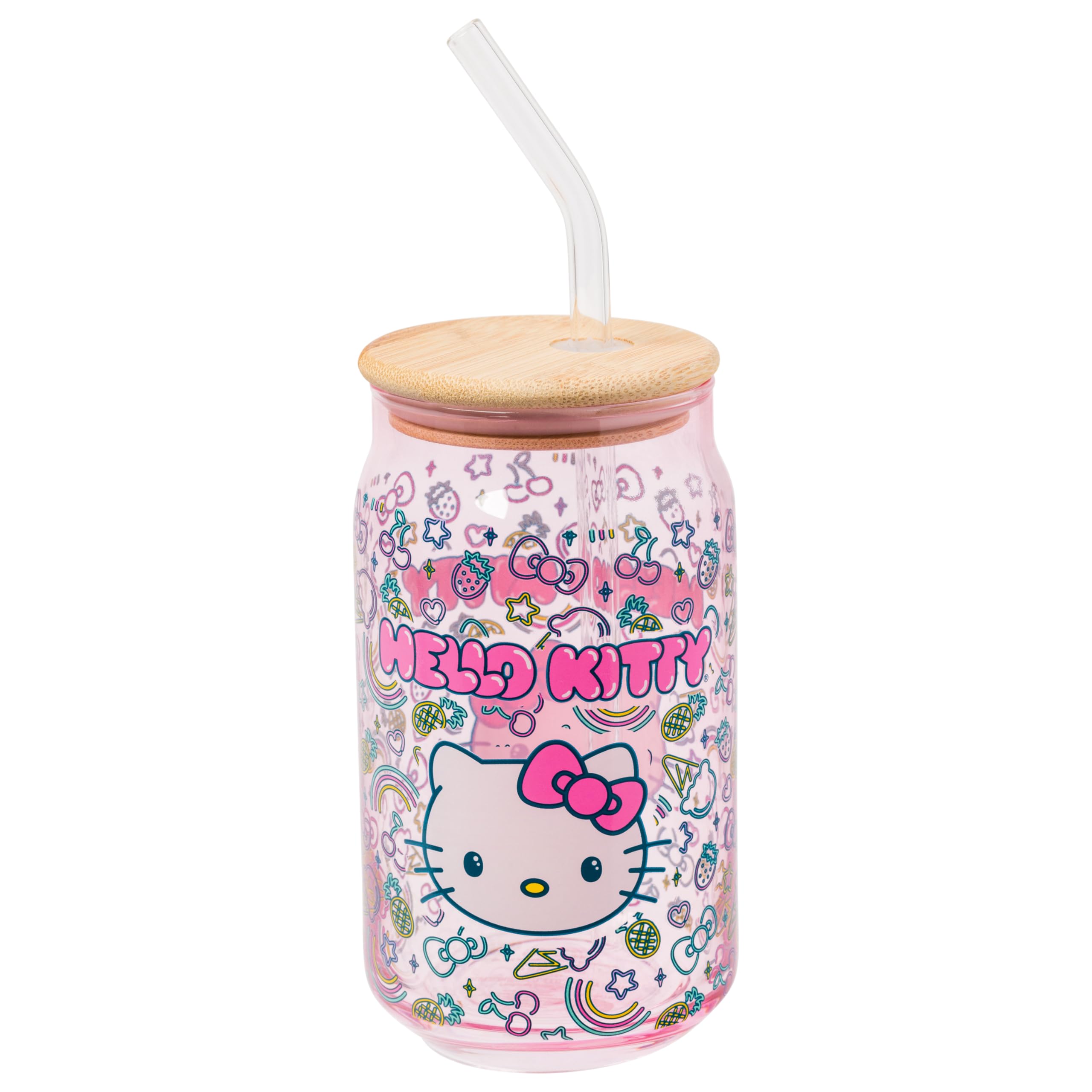 Silver Buffalo Sanrio Hello Kitty Neon Fruits Rainbows and Hearts Pattern Glass Tumbler with Bamboo Lid and Glass Straw, 16 Ounces