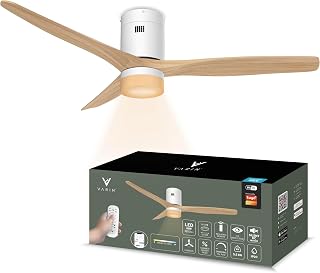Varin® Smart Deckenventilator mit Beleuchtung, Tuya WLAN, LED 18W CCT, Lange Flügel, Lampe mit Ventilator Leise 20dB, Fernbedienung und App, Winter-/Sommermodus, Ø 132 cm, Weiß-Helles Holz