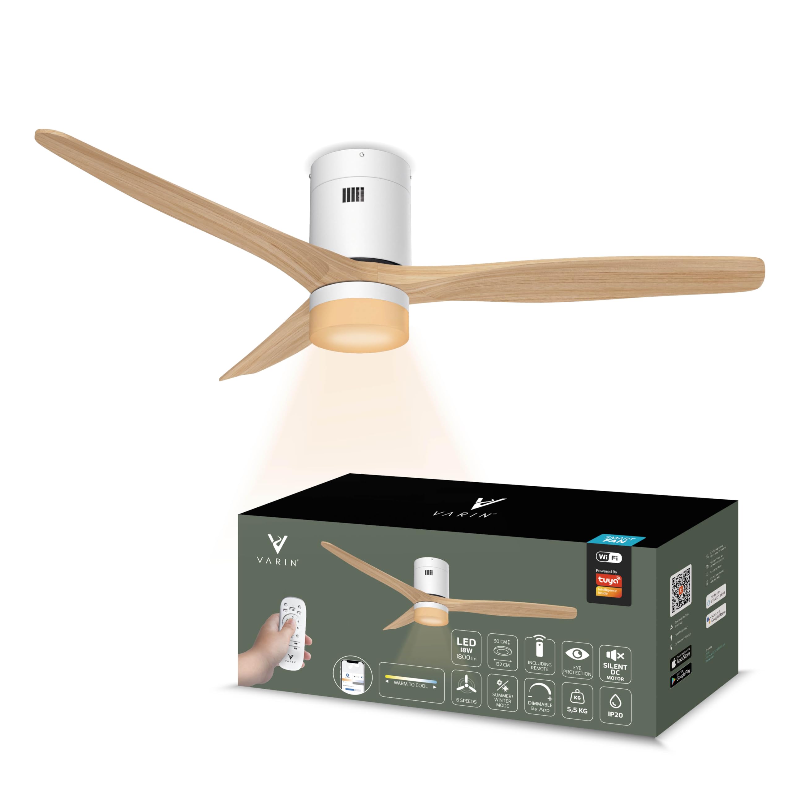Varin® Ventilateur Plafond avec Lumiere Intelligent, Ø 132cm, Blanc/Bois