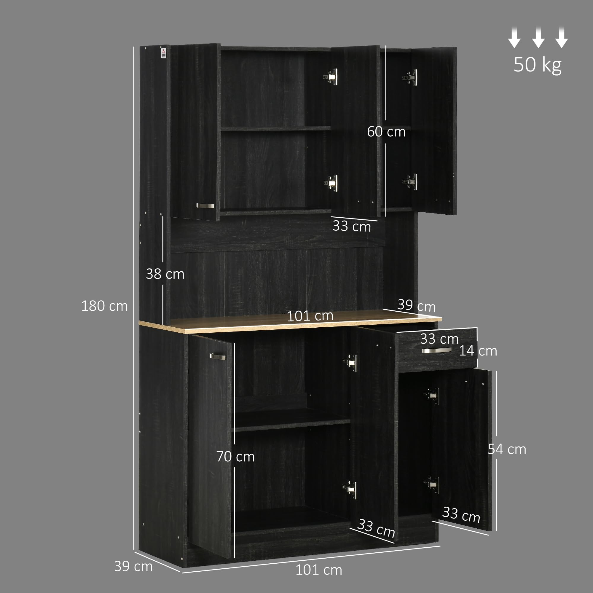 HOMCOM Credenza Cucina con Armadietti, Cassetto e Piano Portamicroonde, Mobile Dispensa Stretto con Ante e Ripiani Regolabili, Mobile Cucina per Soggiorno, Sala da Pranzo, 101x39x180 cm, Nero