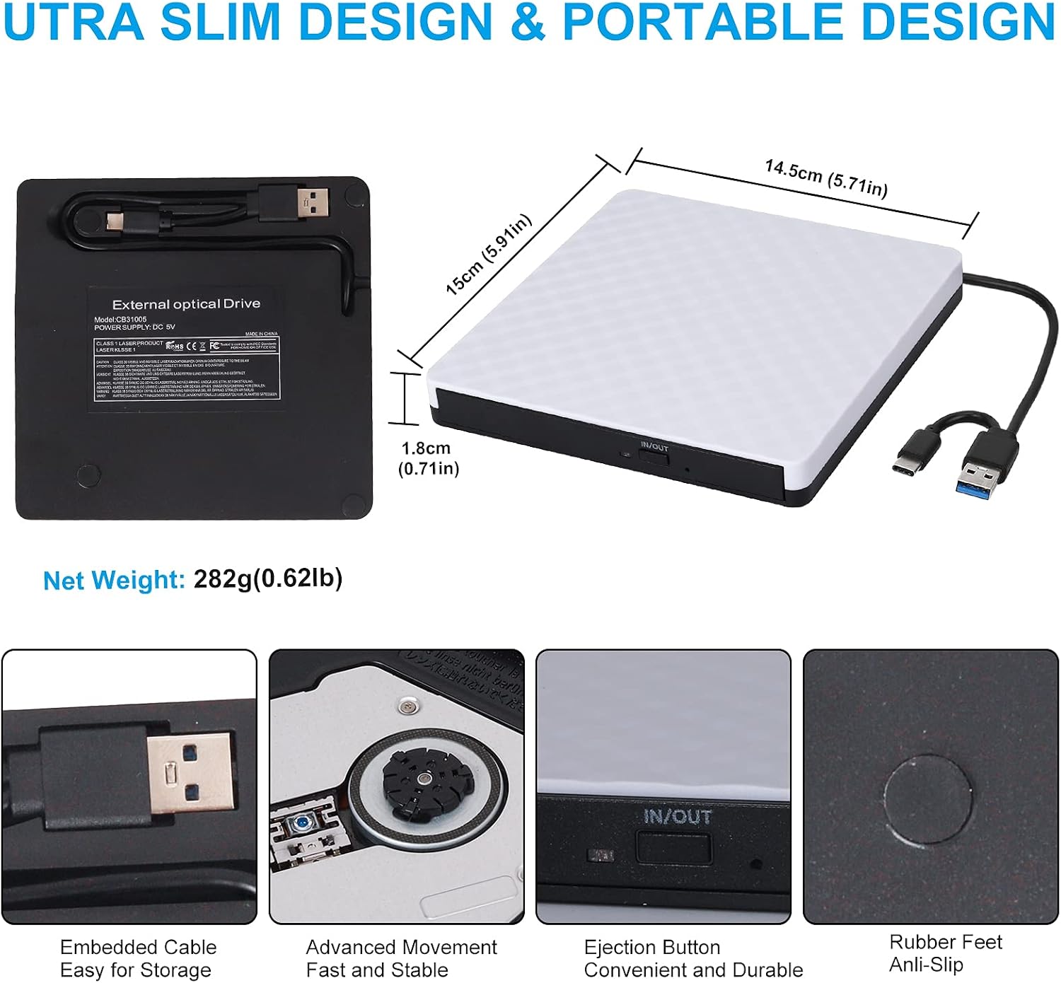 External CD Drive, USB 3.0 Portable CD/DVD +/-RW Drive DVD/CD ROM Rewriter Burner Compatible with Laptop Desktop PC Windows Linux Apple Mac