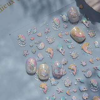 Marine Animal Nail Art Stickers Dolphin Ocean Shell with Design Summer Nail Decals 5D Embossed Self Adhesive Ocean Nails Stickers Manicure Supply for Women Spring Summer Nail Decoration