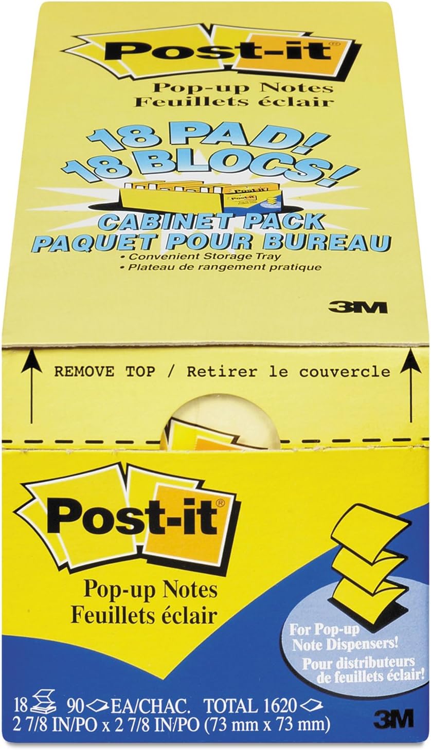 Post-it Pop-up Notes, 3 in x 3 in, 18 Pads, America's #1 Favorite Sticky Notes, Canary Yellow, Clean Removal, Recyclable (R330-18CP)