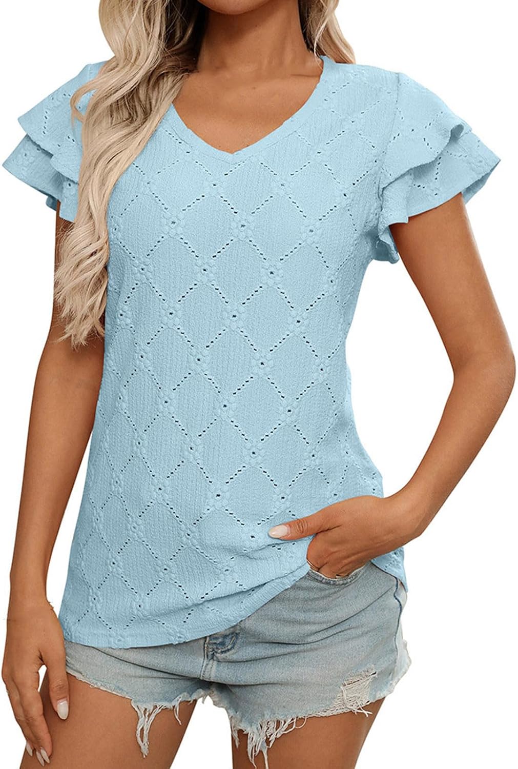 Fashion Ruffle Sleeve T Shirts for Women Eyelet V Neck Shirt Loose Fit Tunic Tops Cute Casual Dressy Blouse Outfits