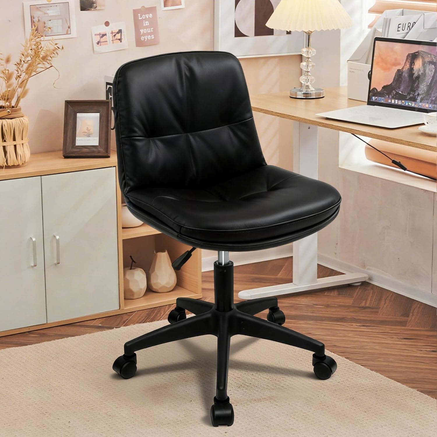 Vanity Chair with Back, PU Leather Swivel Office Desk Chair, Height Adjustable Armless Chair for Small Spaces, Bedroom, Vanity, Home Office Black