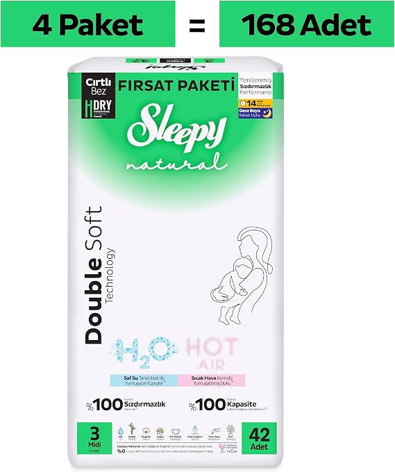 Sleepy Natural Double Soft Mega Fırsat Paketi Bebek Bezi 3 Numara Midi 168 Adet
