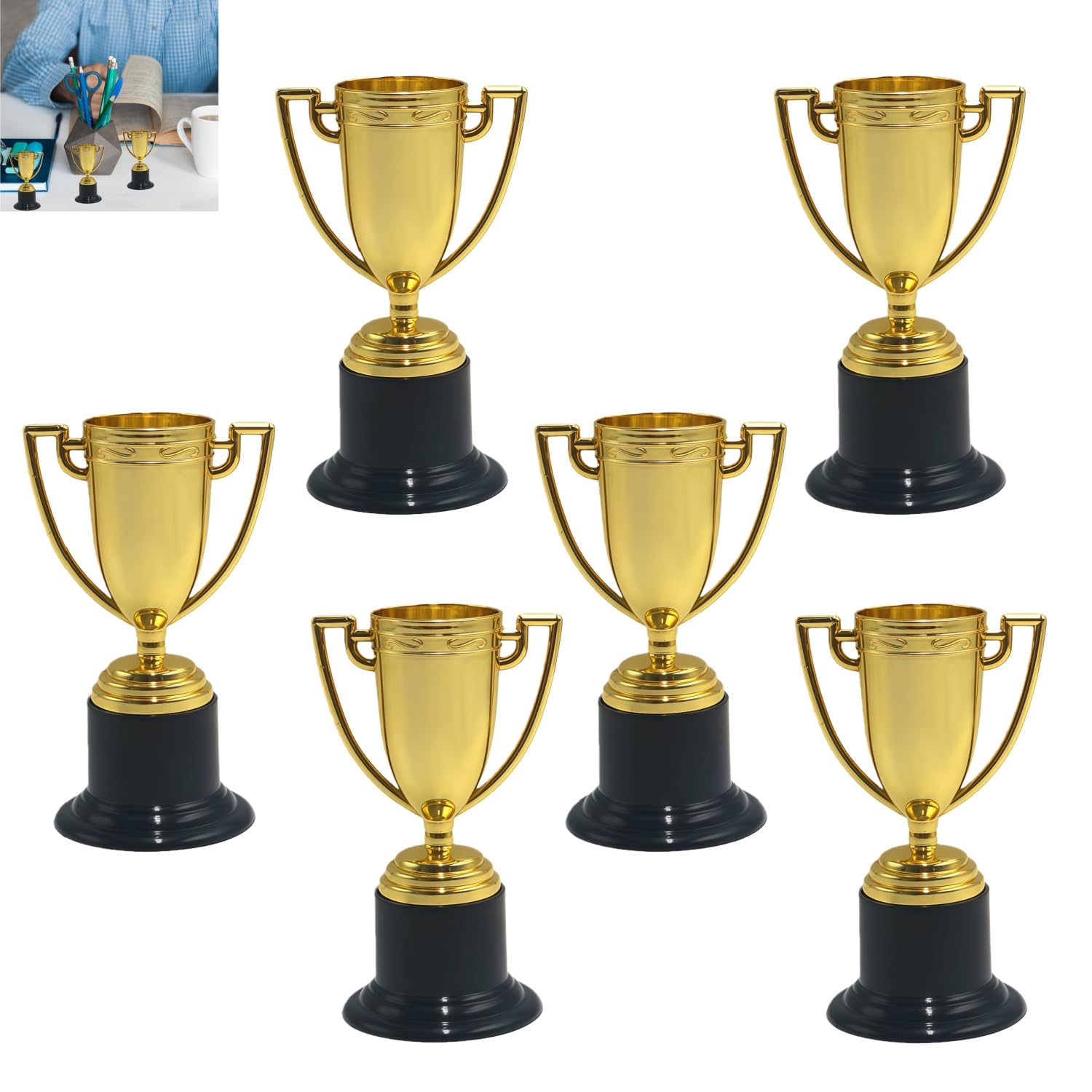 BOBOZHONG Mini Gold Trophäe,6 Stück Pokale Trophäen,leichte Kunststoff-Gold-Trophäen,Goldmedaille,Mini Gewinner Pokale,goldene Auszeichnungs-Trophäen,für Party Mitgebsel Wettkampf Sportturniere