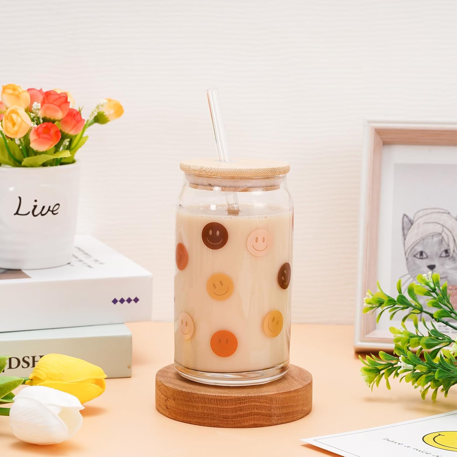 Whaline 6 Pack Boho Drinking Glasses 16oz Boho Rainbow Sun Heart Flower Glasses Cup Retro Groovy Ice Coffee Cup with Bamboo Lid Glass Straw Cleaning Brush for Cocktail Whiskey Beer Soda Gifts