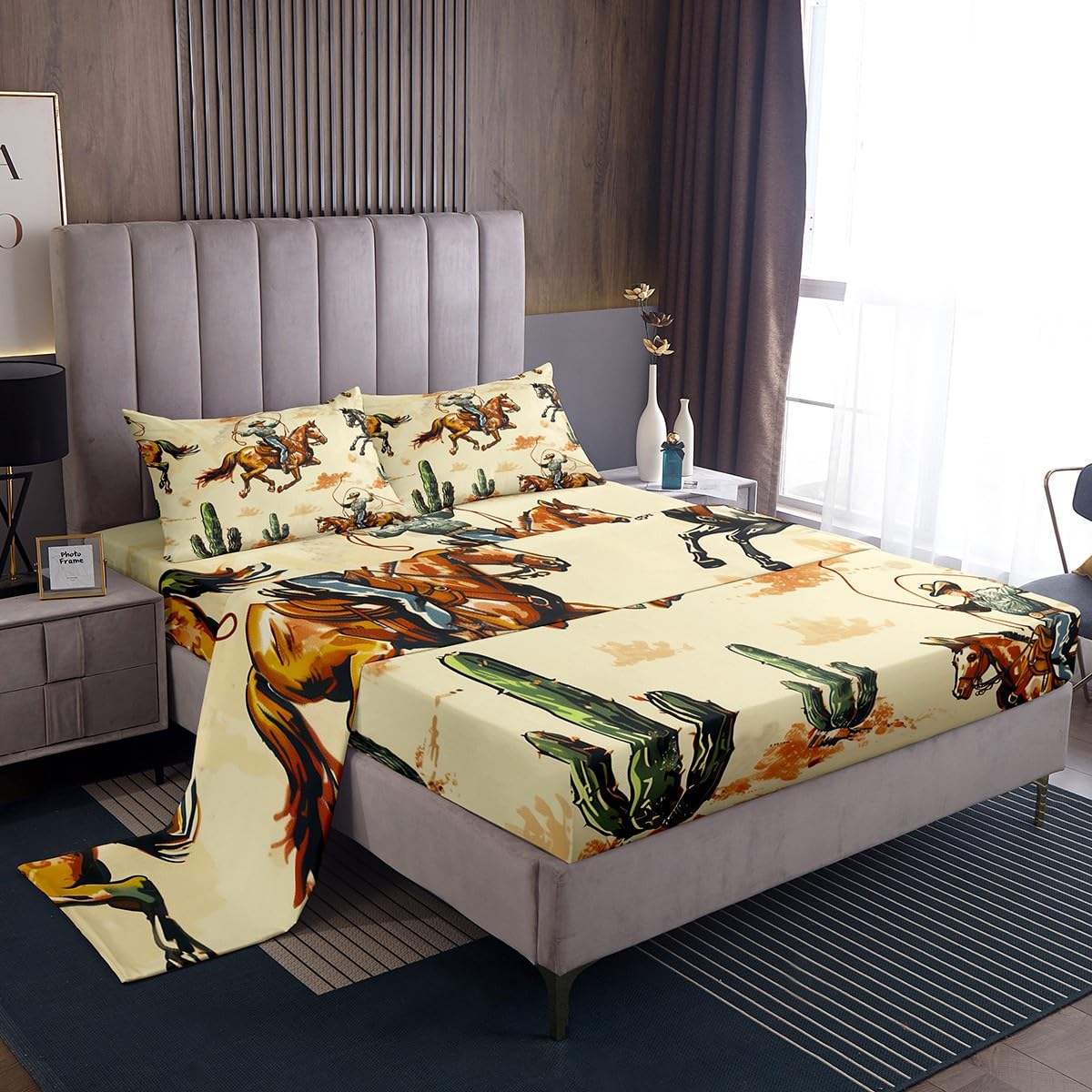 ManfeiWestern Cowboy Kids Sheet Full Size,Tropical Cactus Desert Bedding  Set,Boys Girls Room Decor,Horse Animal Rustic Farmhouse Brown Green Retro  Bed