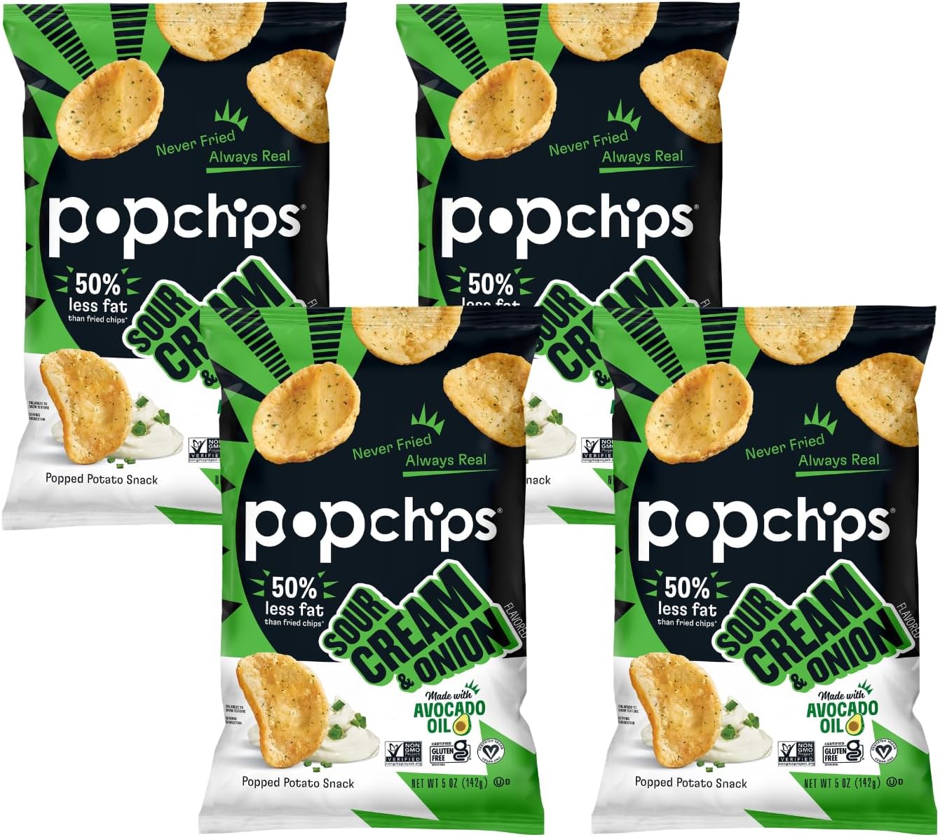Popchips Potato Chips, Sour Cream & Onion, 4ct 5.0oz Share Bags, Low-Calorie and Gluten Free, Salty Snacks for Adults and Children, Kosher Snack, 130 Calories Per Serving