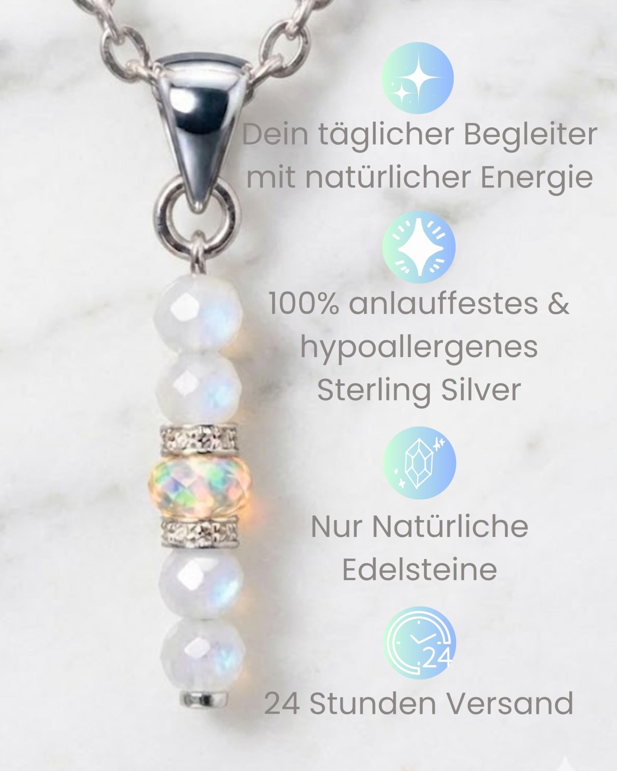 Halskette aus Naturstein und Opal für Damen - Handgefertigt aus 925er Sterling Silber, Verstellbarer Verschluss für Stressabbau und Alltagstragen - 45 cm, Geschenkbereit