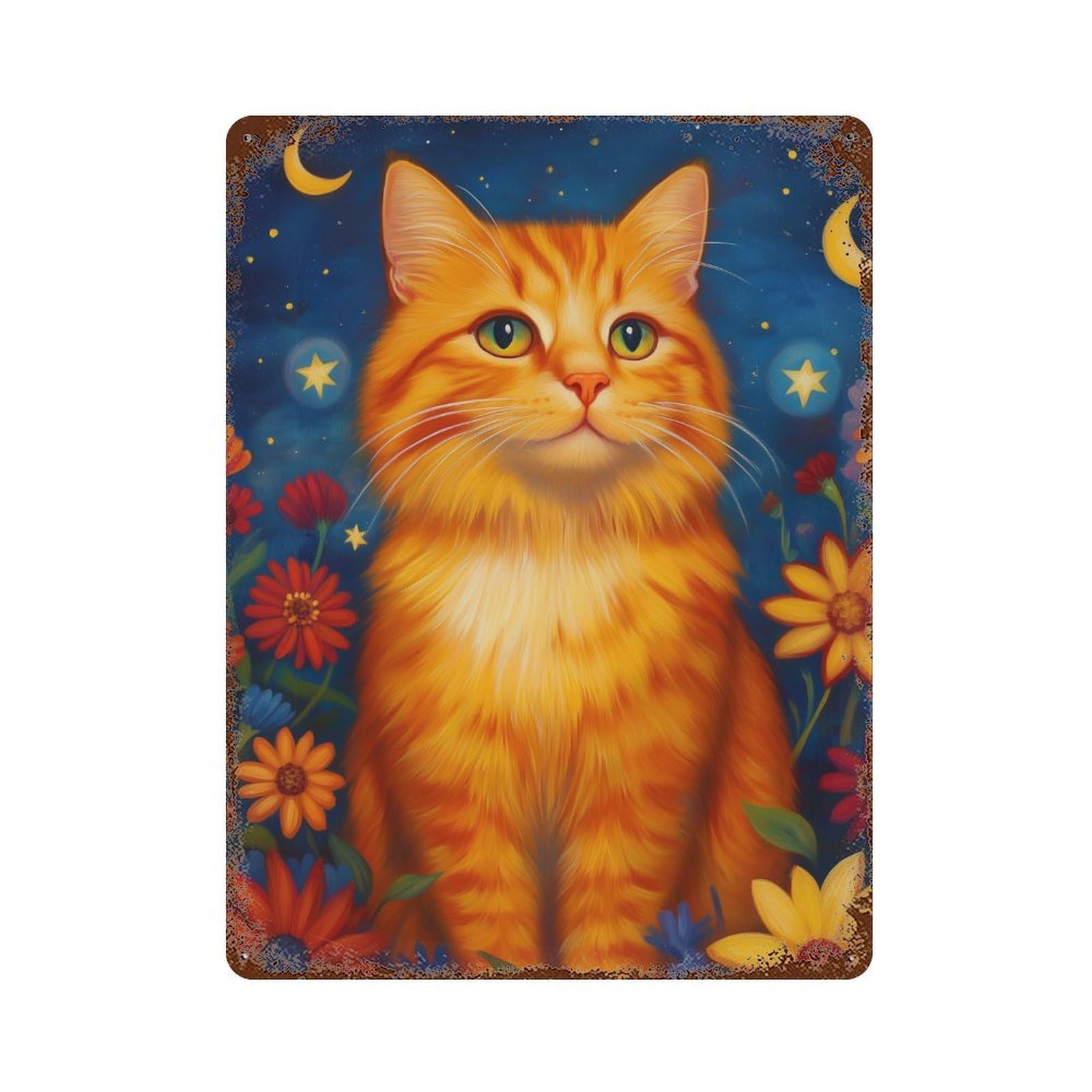 Magical Starry Night Cat Art Print 15.7"x11.8" Weathered Tin Sign, Rustic Home Decor for Living Room, Hallway And Home Decor