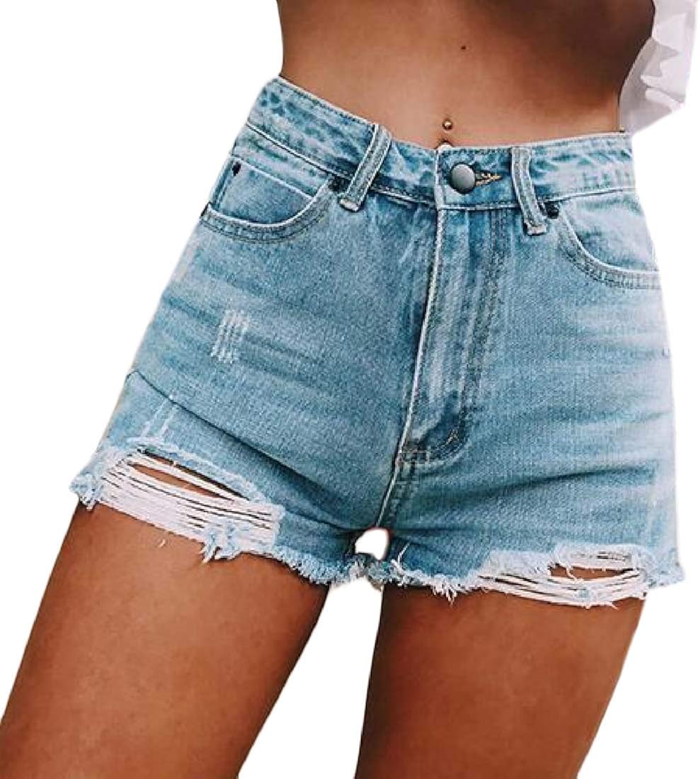 MstyleUK Women's High Rise Ripped Destroyed Classic Split Retro Denim