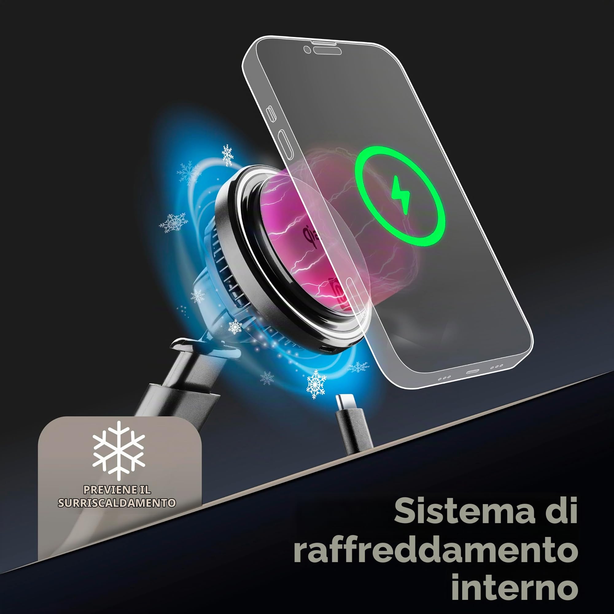 cellularline FREEZE MAG, Supporto Auto con Raffreddamento e Ricarica Wireless Magnetica Qi2 fino a 15W, Installazione su Parabrezza o Bocchette, Mag Ring Incluso, Compatibile con Smartphone Qi2