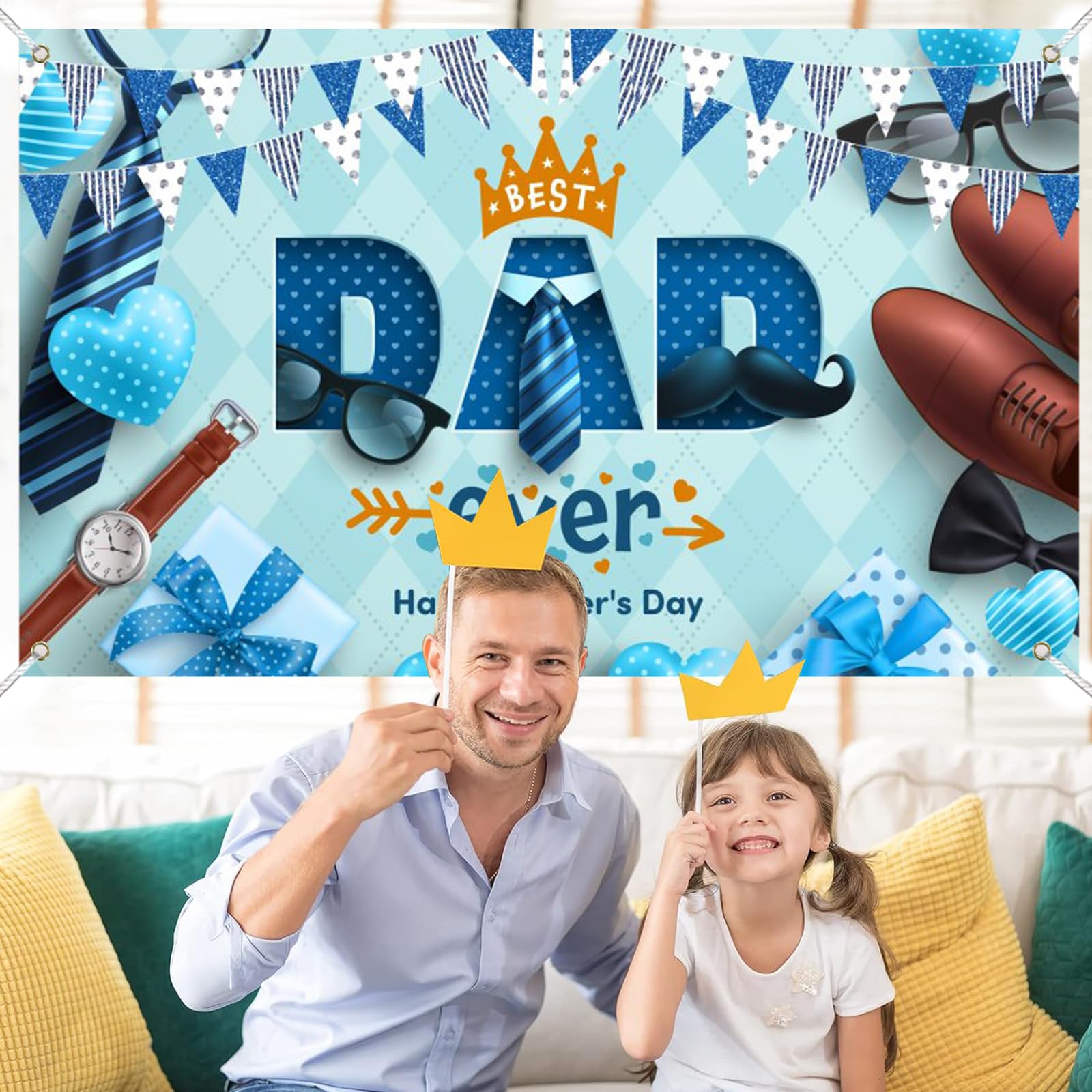Renaiss 4.5x3m Sfondo per la festa del papà Abito blu cravatta felice festa del papà sfondo fotografico Amore papà partito decorazione banner per le riprese Studio Props Vinile