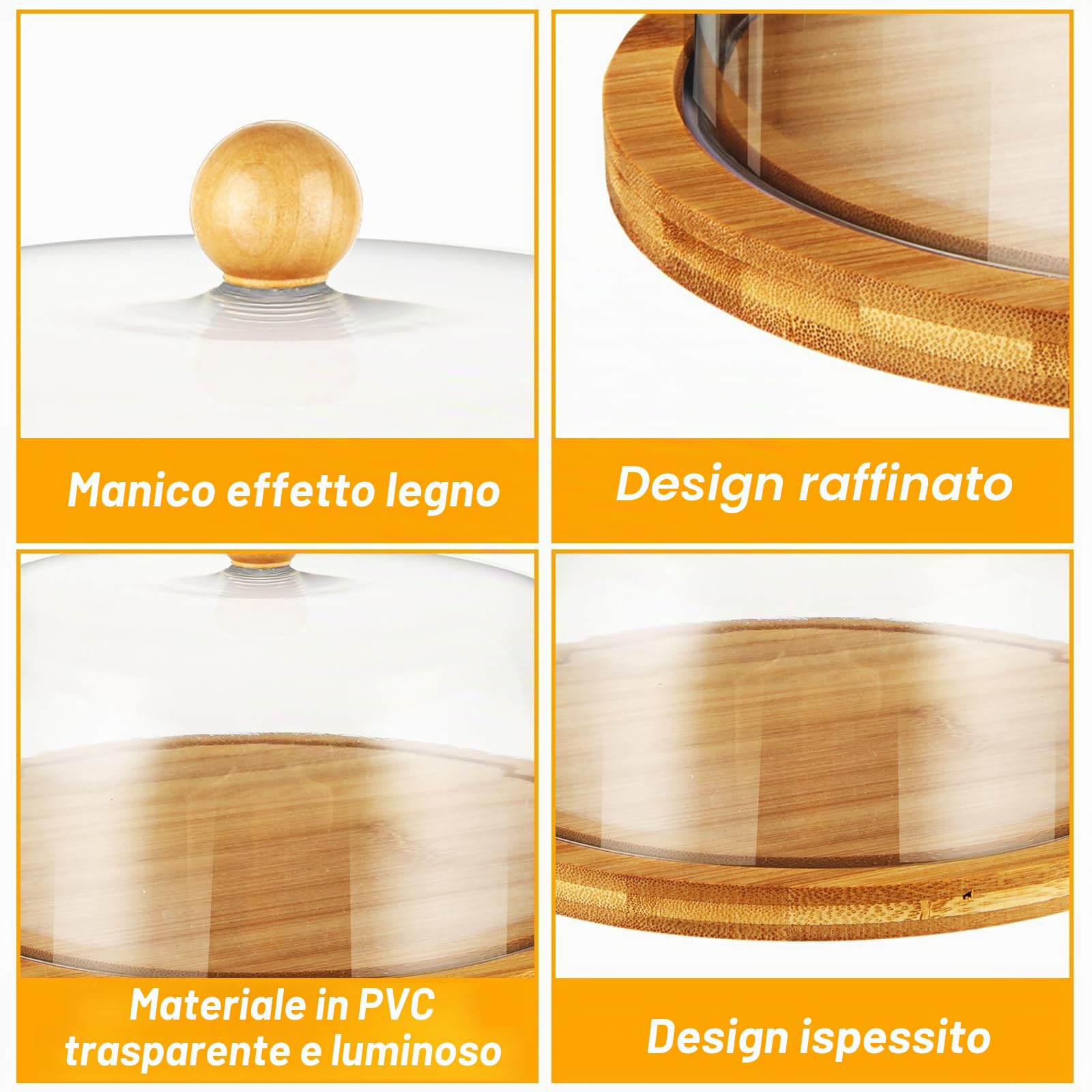 Alzata per torte con coperchio a cupola, 25,4 cm, in bambù, con coperchio, espositore trasparente per torte con cupola in acrilico, per feste di compleanno e matrimoni
