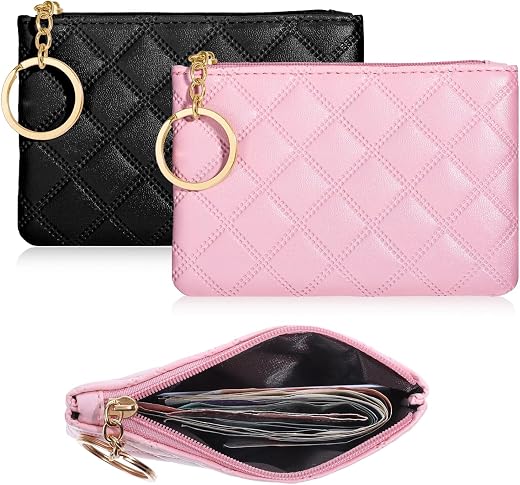 PALAY® Small Coin Purse 2Pcs Rhombus PU Zipper Coins Bag Portable Wallet Keychain Mini Coin Bags for Women &amp; Men