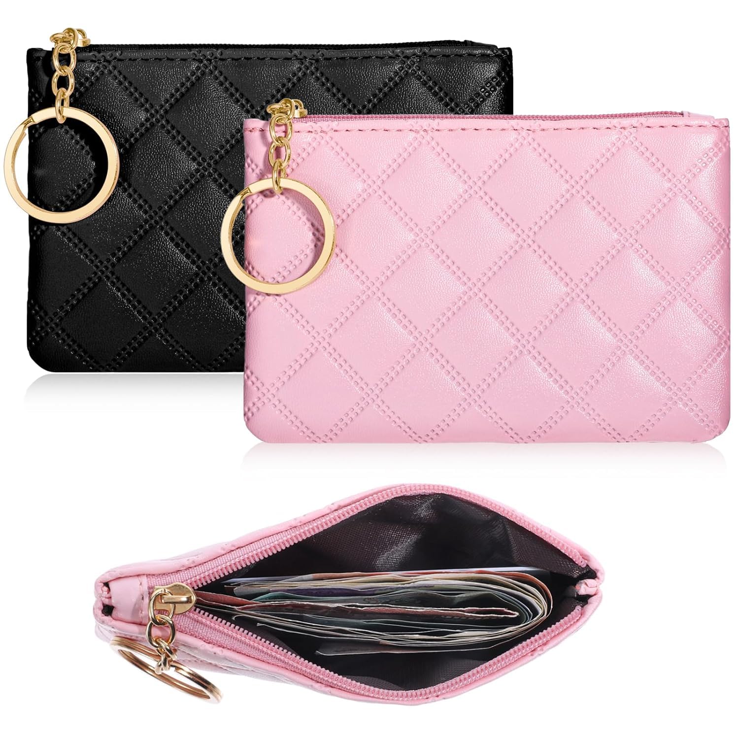 Small Coin Purse 2Pcs Rhombus PU Zipper Coins Bag Portable Wallet Keychain Mini Coin Bags for Women & Men