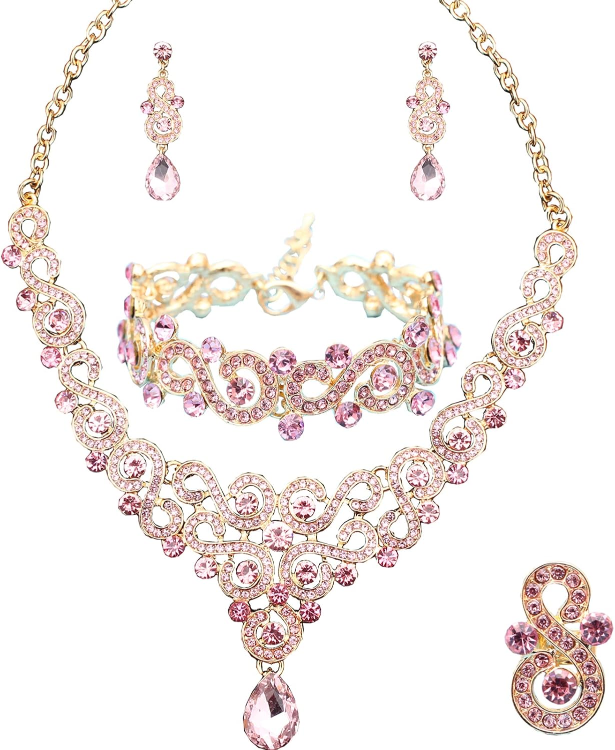 Wedding Bridal Prom Austrian Crystal Rhinestone Statement Necklace Earrings Bracelet Ring Wedding Party Costume Jewelry Sets for Brides Women