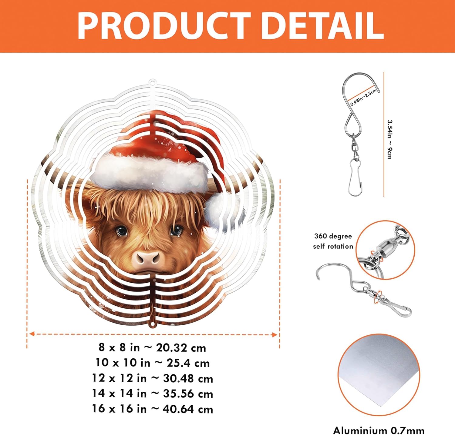 Highland Cow with Red Hat Christmas Wind Spinners 3D Stainless Steel Laser Cut Metal Double Sided Printing-Hanging Indoor/Outdoor Decorations Yard Gardening Decor,Metal Kinetic Art (14x14 inches)