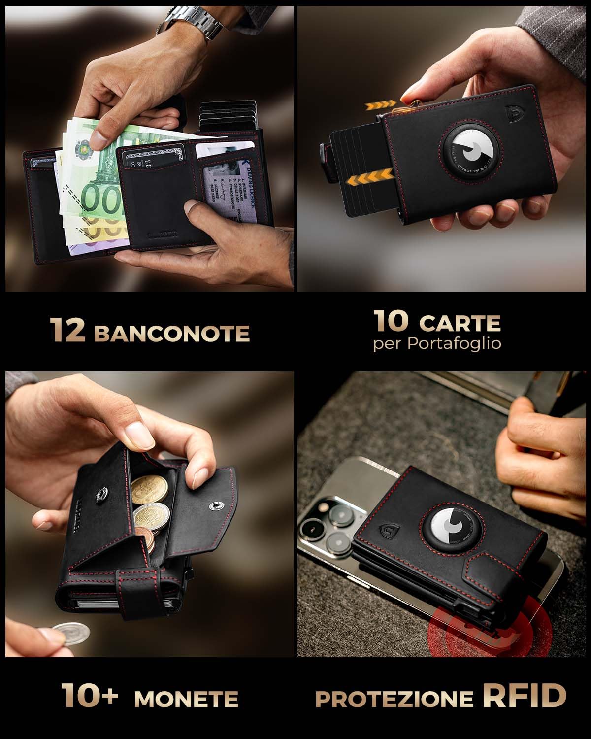 LORZOR Portafoglio Uomo Slim Airtag con Portamonete XXL, Porta Carte di Credito in Pelle con Protezione RFID, Portacarte Uomo Pop-up con Chiusura Magnetica,Wallet per 10 Carte, Porta Tessere Tascabile