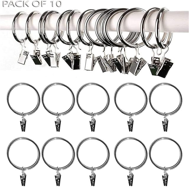 Pack Of 10 Metal Curtain Rings with clips Pole Rod Voile Net Curtain Drapery Rings Pole Rod Hanging Rings With Hooks (Silver)