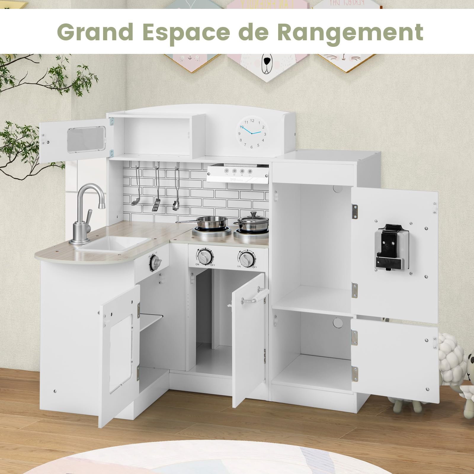 GOPLUS Cuisine Enfant en Bois, Cuisine Bébé avec Réfrigérateur Séparé, Distributeur d'eau, Évier Amovible, Four à Micro-Ondes, Hotte, Espace de Rangement, Jouet de Cuisine d'angle pour Enfant 3+ Ans