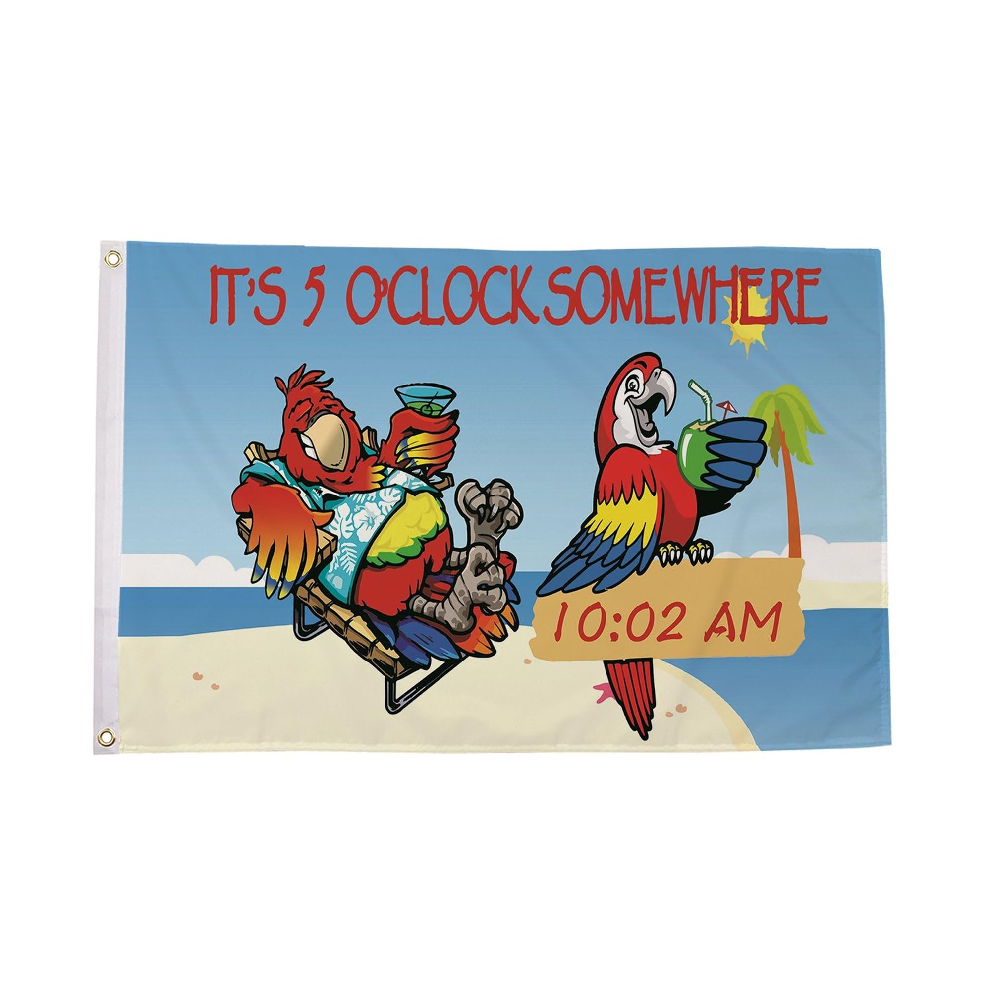 Flagtex Its 5 Oclock Somewhere Two Parrots Flag 5ft x 3ft Large Flag 150cm x 90cm | Premium Woven Polyester with Brass Eyelets | Indoor Outdoor Garden Display Wall Hanging | Tropical Party Bar Banner โ image 1