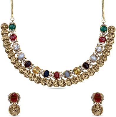 TARINIKA Antique Navaratna Necklace Set - Gold Plated Brass, Multi-Color Gemstone, Traditional Indian Jewelry Gift for Women with Earrings Desi Necklace