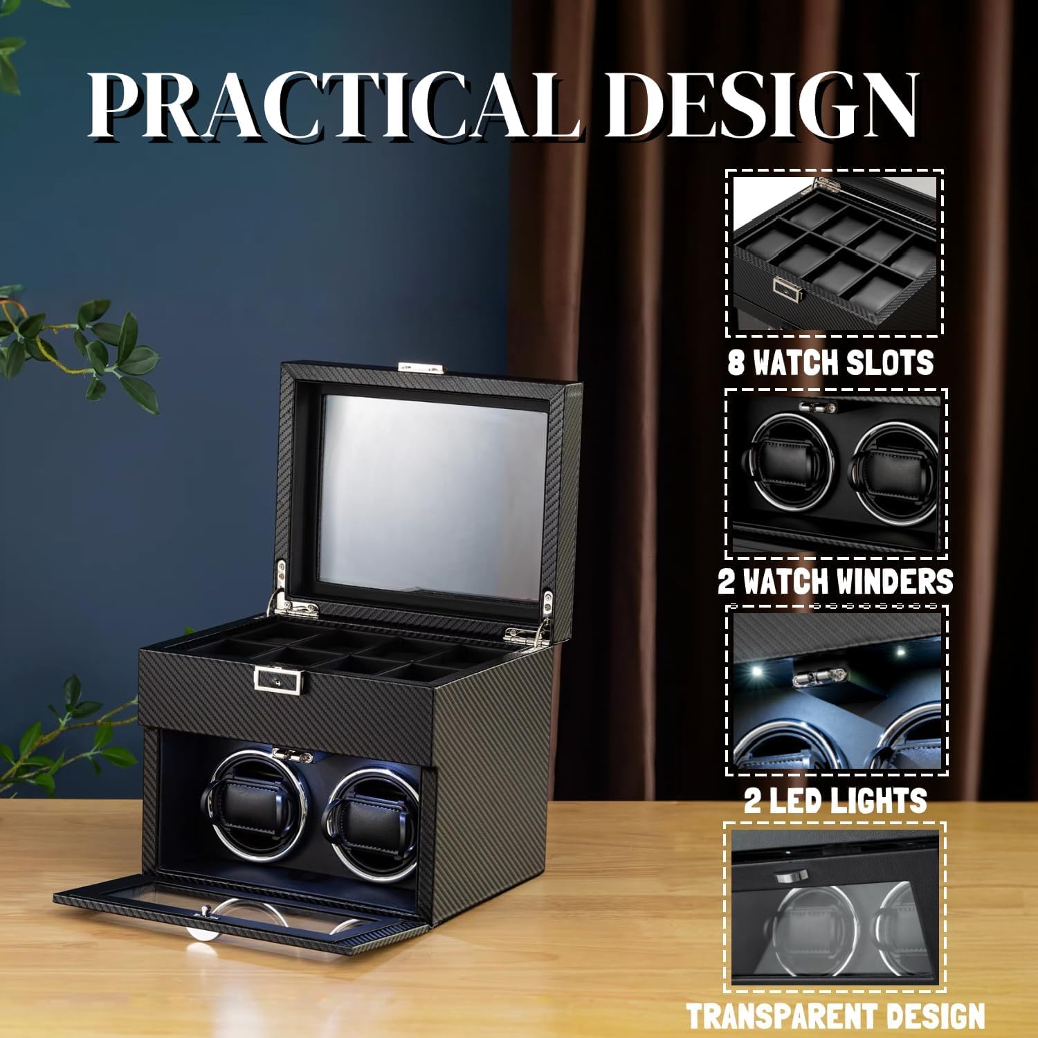 HEYOUTH Carica Orologi Automatici,Scatola del Tempo per Orologi,Orologi Ultra-Silenzioso Watch Winder Con Luce a LED, Con Scomparti Extra Per Orologi