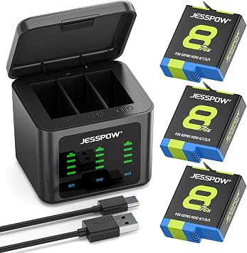 JESSPOW Battery 1500mAh for GoPro Hero 8/7/6/5 Black and 3-Channel LED USB Charger Fully Compatible with GoPro Hero 8 Battery and Charger 3-Pack