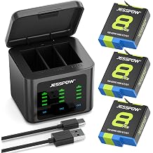 JESSPOW Battery 1500mAh for GoPro Hero 8/7/6/5 Black and 3-Channel LED USB Charger Fully Compatible with GoPro Hero 8 Battery and Charger 3-Pack