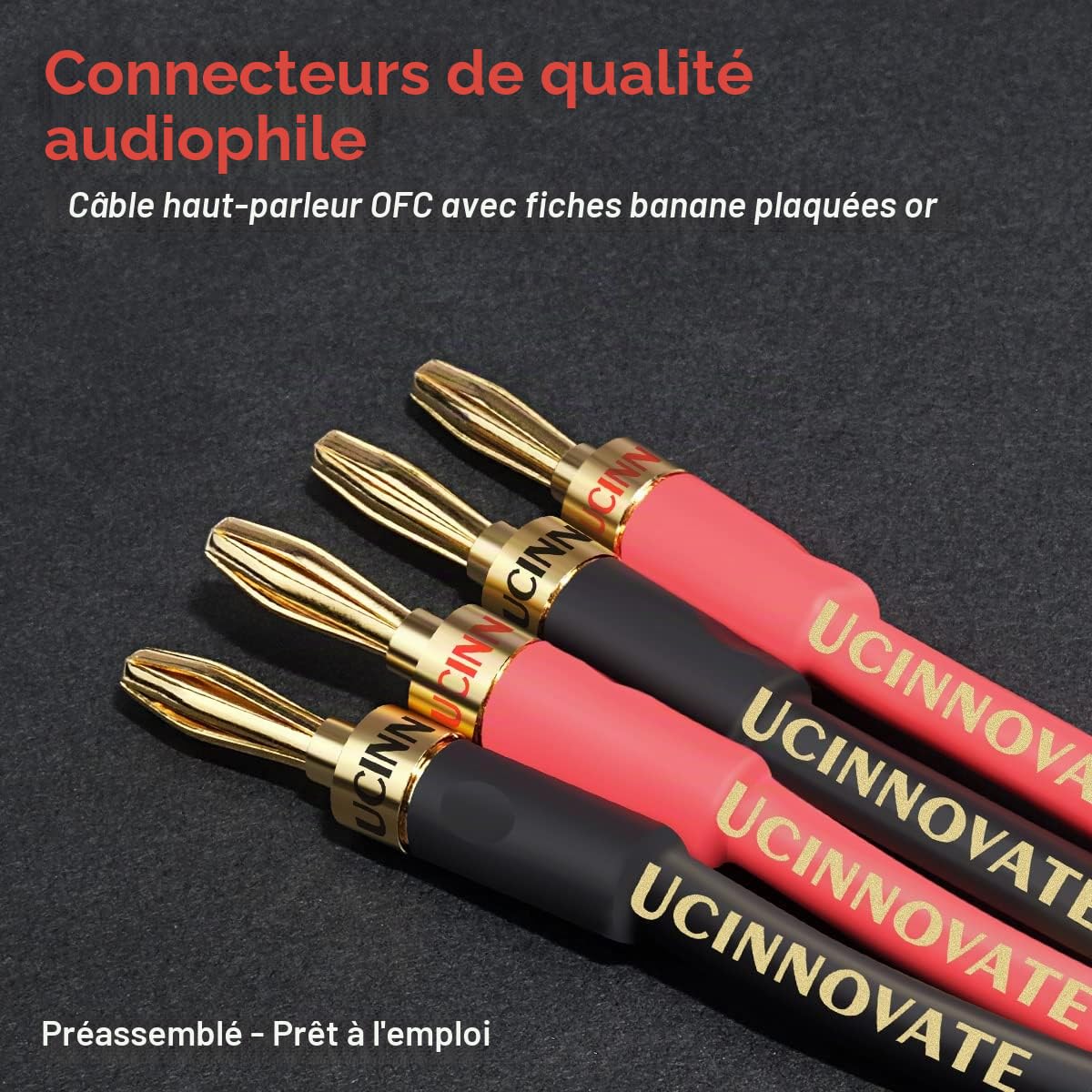 Lot de 2 câbles de haut-parleur HiFi OFC haut de gamme en cuivre pur OFC avec fiche banane, fiches bananes plaquées or de 4 m, 600 brins, 14 AWG, système HiFi, Home Cinéma